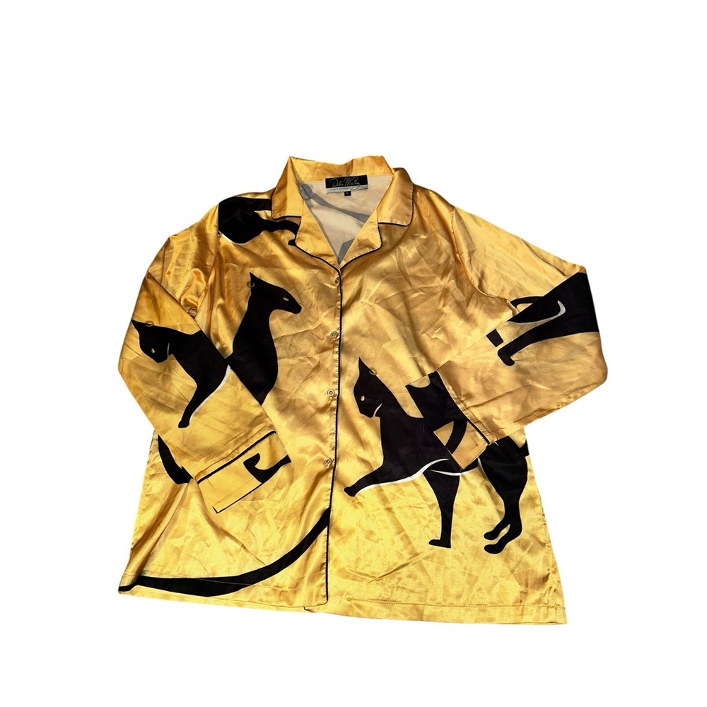 Dalia MacPhee Sphinx Cat Satin Pajama Top Lux Loungewear Gold L